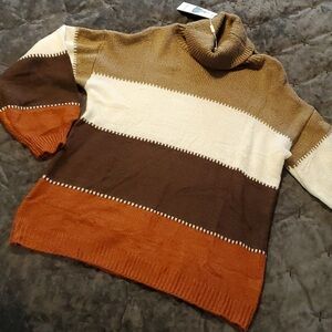 Cozy Striped Turtleneck Sweater - Tan, Cream, and Orange